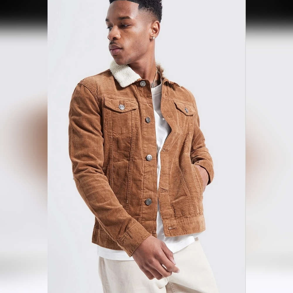 NEW Tags Man Boohooman Tan Brown Corduroy Jacket With Borg Collar L Sherpa Trim